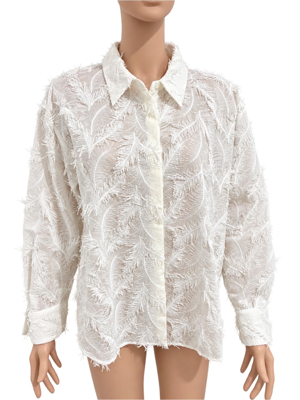 Zara White Fringed Textured Button-Up Shirt NWOT